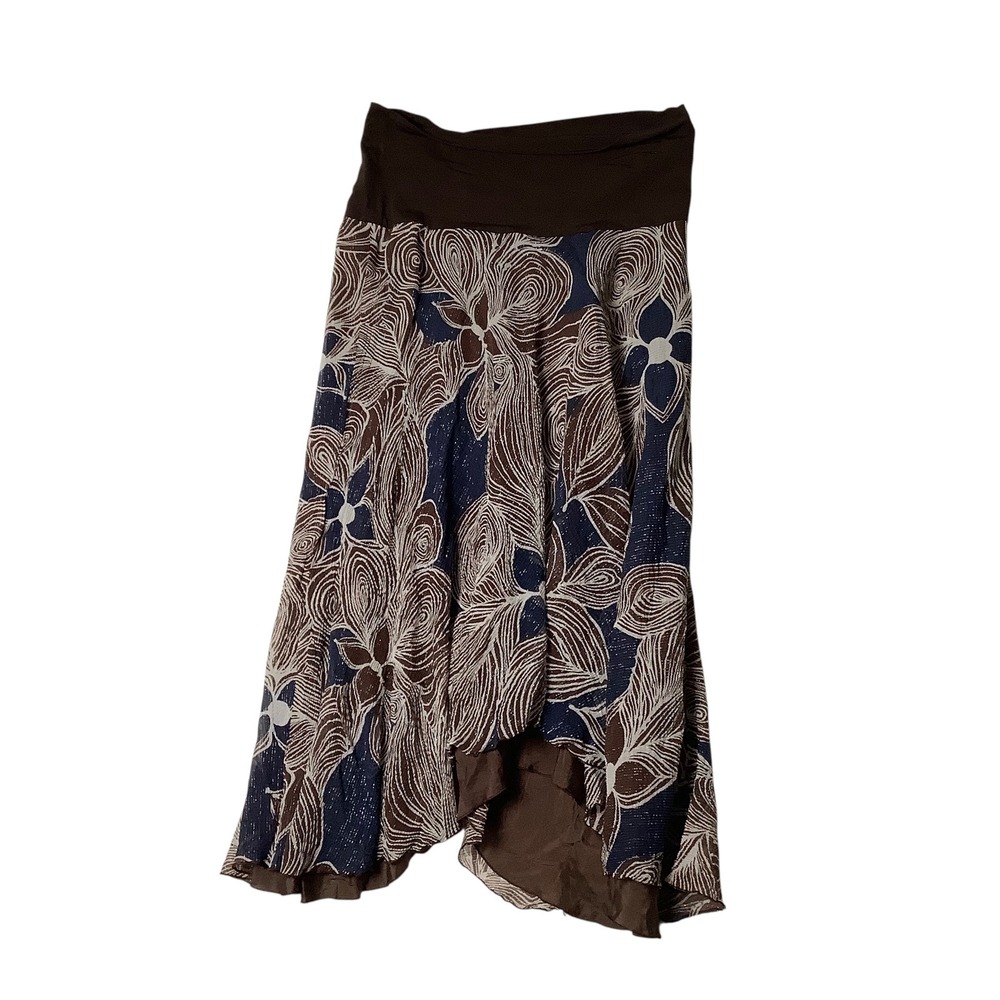 Trina Turk Floral Midi Skirt Brown Blue Asymmetrical Hem Size 4 Silk Blend